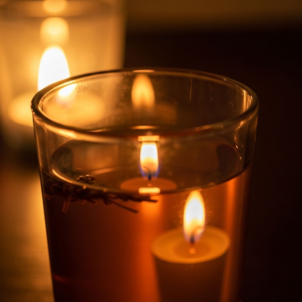 Odraz svjetlice u čašici travnog čaja, večerna tišina